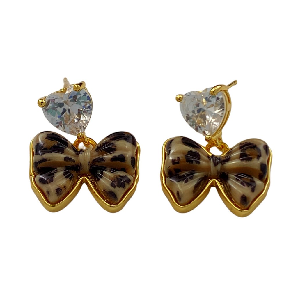 Bông tai Zircon hình trái tim nơ thiết kế kiểu Pháp