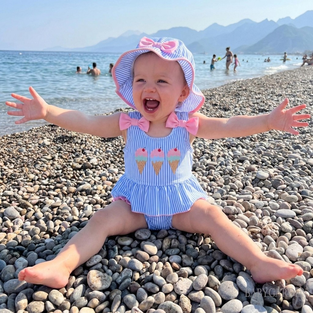 Bé Gái 3 Bộ Bikini In Kem Tank Top Với Quần Short Sọc Và Mũ Đồ Bơi Cho Đi Biển Mùa Hè Tắm
