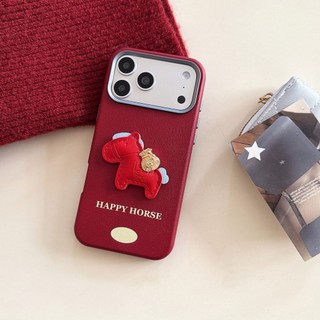 Làm Giàu Da Happy Horse Cam Đỏ 2in1 Da PU Điện Thoại Cho iPhone 17Promax 17Pro 13 14 15 16 Pro Max 15Plus Chống Sốc Nam Nữ Vỏ Di Động