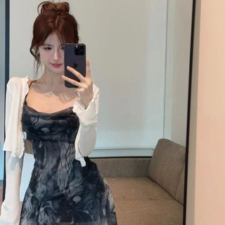 [Khuyến nghị của cửa hàng] Pure Desire Style Hot Girl Cross Dây đeo chéo in hình không đều Váy đeo chéo nữ mặc bên ngoài thon gọn hơn Váy ngắn phù hợp 1.20