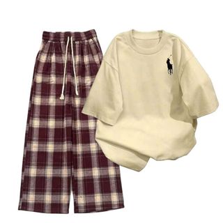 sét bộ đồ nữ Quần kẻ caro ĐỎ+ phối áo phông form unisex - in hình ngựa ở ngguc -thuba94