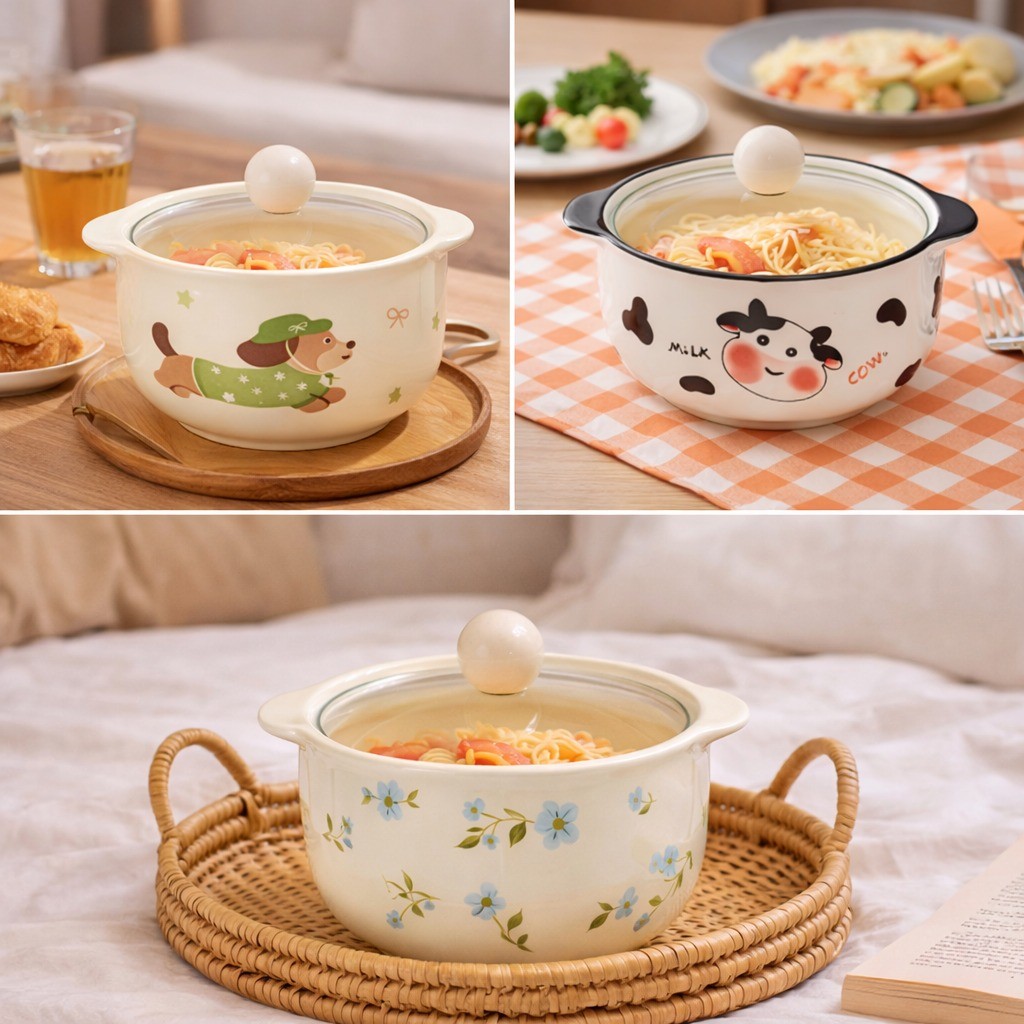 Tô Ăn Mỳ Ăn Cơm Sứ 800ml Có Nắp Kính – Bát Tô Cute Dùng Hàng Ngày, Decor Bàn Ăn