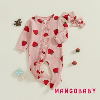 MG-Baby Girls Xù Romper Bộ áo liền quần dài tay in hình dâu tây và bộ băng đô dễ thương cho trẻ sơ sinh mới biết đi