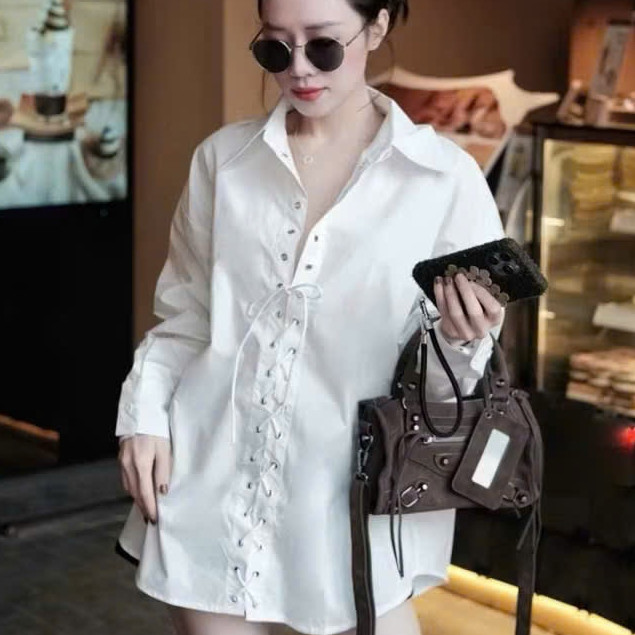 Áo Sơ Mi Nữ Corset Đan Dây Dáng Dài KCloset Somi Trắng Dây Rút Giấu Quần Sang Chảnh NA81