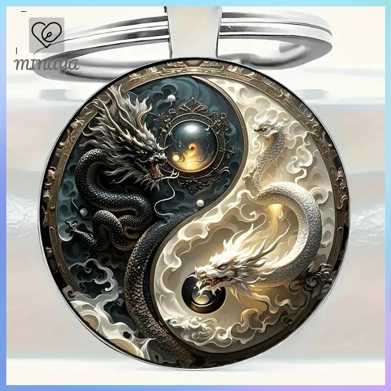 [MINAYA] Móc khóa rồng Âm Dương - Mặt dây chuyền hợp kim thời trang, Thiết kế rồng trắng và trắng, Hoàn hảo cho túi xách, Bapas và quà tặng độc đáo VN