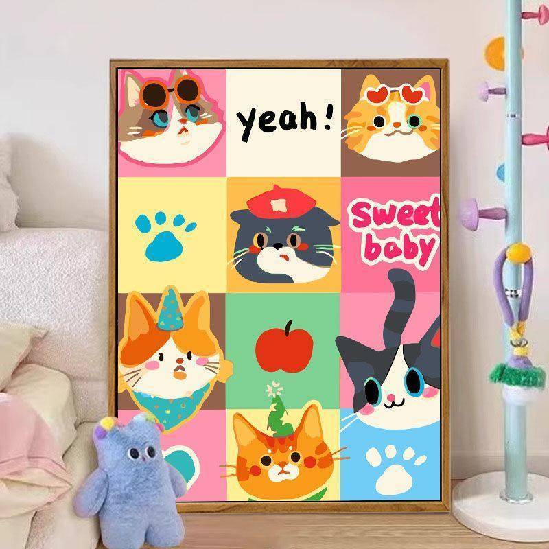 Tranh trang trí canvas mèo mềm mại và dễ thương để trang trí tường nền sofa phòng khách