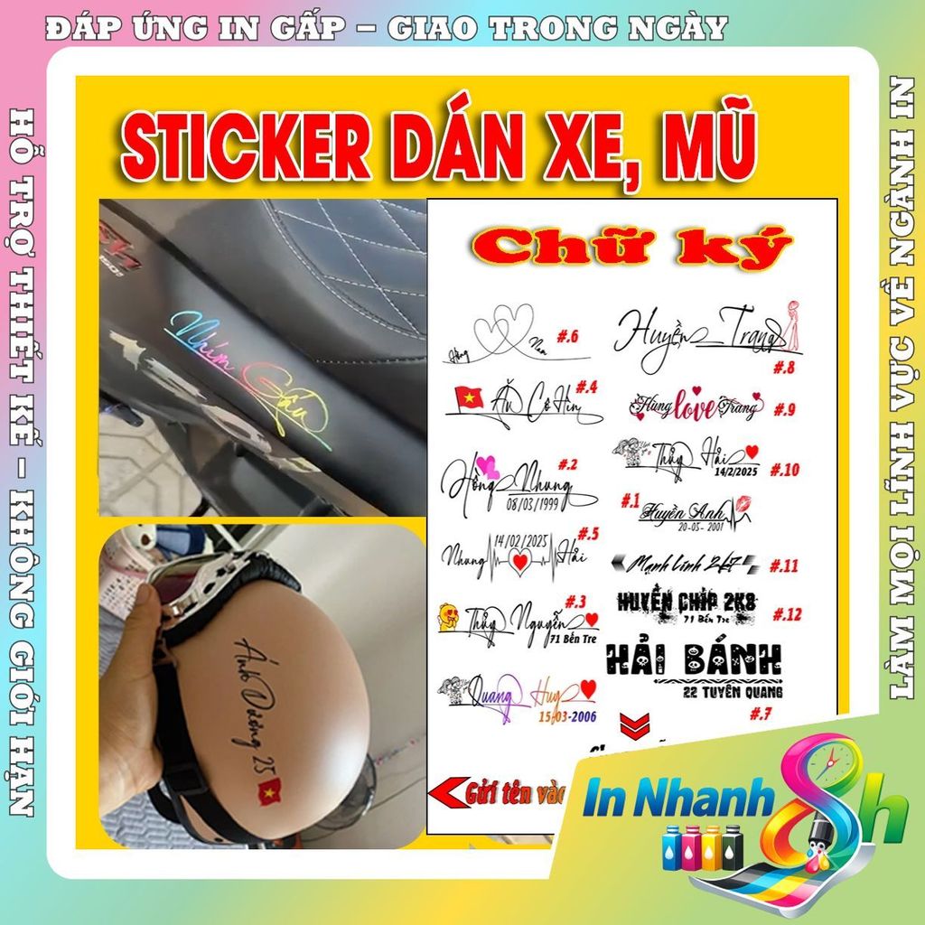Tem chữ ký Dán Tên theo yêu cầu, Tem Chữ ký dán xe máy, dán ô tô, mũ bảo hiểm, Decal chống nước bền màu