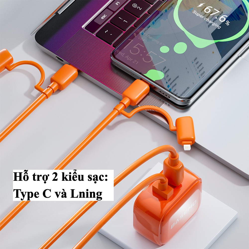 Bộ sạc nhanh GaN 30W Basemo, sạc nhanh 2 in 1, tương thích với nhiều dòng điện thoại, bảo hành 6 tháng