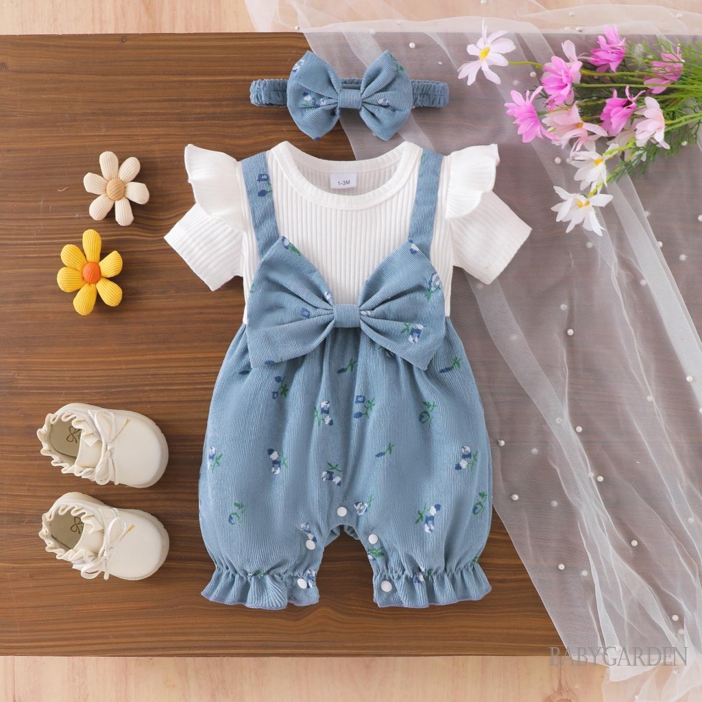 Trang phục mùa hè cho bé gái Bộ áo liền quần ngắn tay hai mảnh giả hoa và băng đô nơ