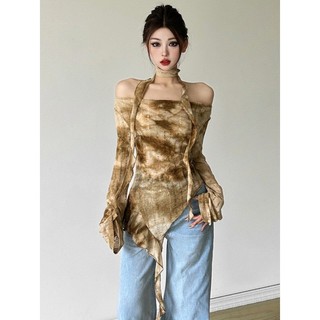 Áo thun dài tay một vai phong cách Wasteland Retro Tie-Dye, form slim-fit dành cho nữ