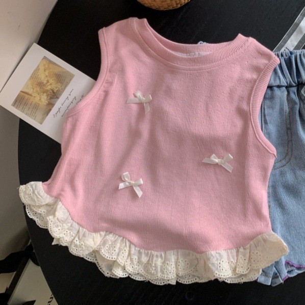 Bé Gái Nơ Áo Vest Ngắn Ngọt Khâu Ren Áo Thun Không Tay Thường Ngày Mùa Hè Phong Cách Mới 90-140 Kích Thước EDXP