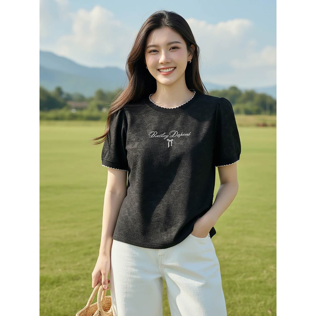 Áo ren nữ CARDINA chất liệu ren mềm tay cộc cổ tròn 6ARC03