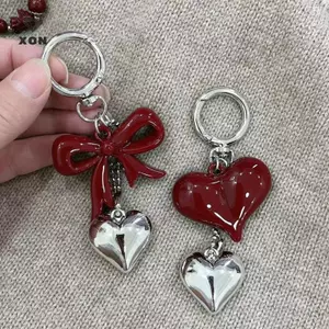 Mặt dây chuyền móc khóa Acrylic hình trái tim nơ màu đỏ đơn giản dành cho nữ Cô gái Phụ kiện trang trí Bapa đa năng Quà tặng [Mina]