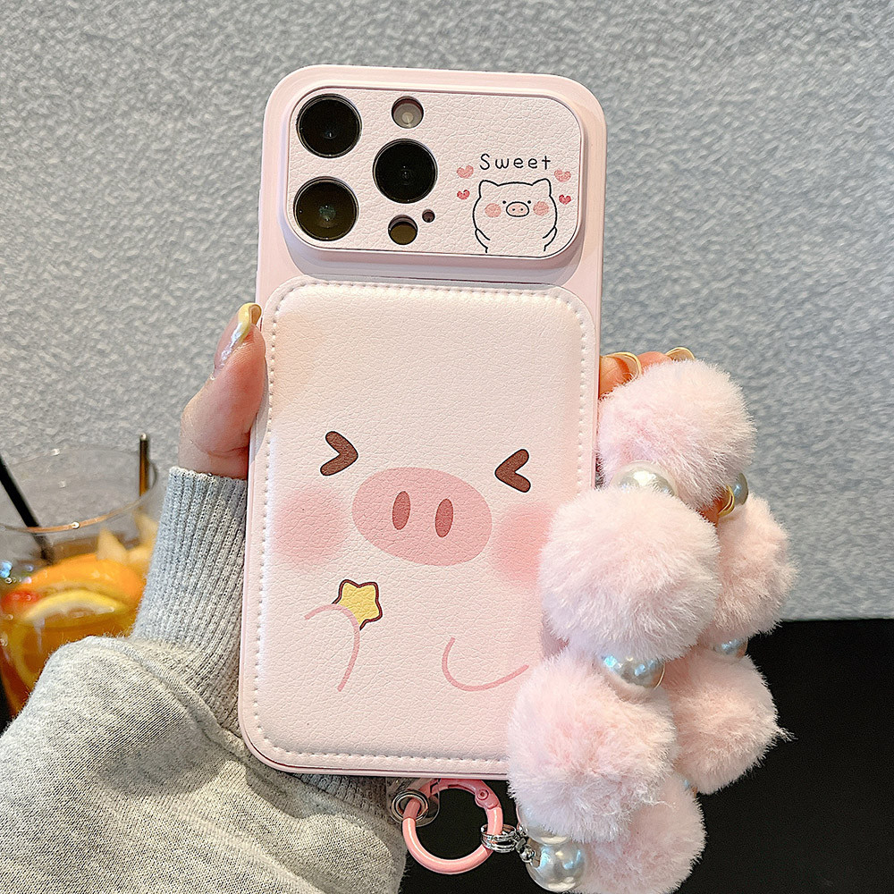 Sweet Pig Chain Bulge Leather Windows Phone Case cho iPhone 17 Pro Max 16 15 14 13 Vỏ bảo vệ chống sốc