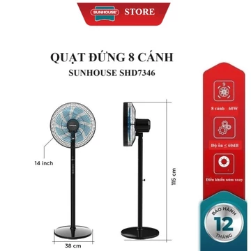 QUẠT ĐỨNG 8 CÁNH SUNHOUSE SHD7346, 60W, Điều khiển cảm ứng Tích hợp điều khiển từ xa, 3 chế độ gió