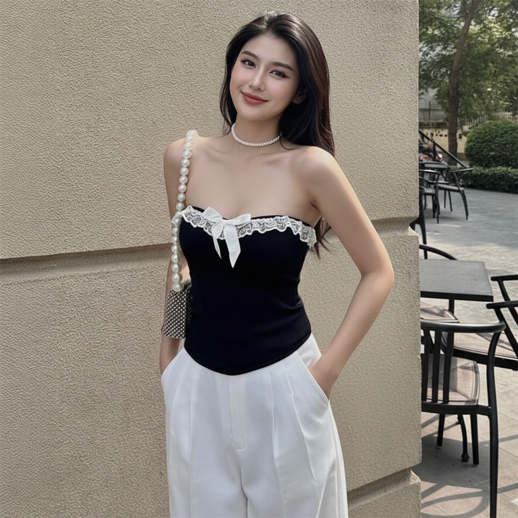 Áo Ống Nữ Cúp Ngực Phối Viền Ren  Đính Nơ Xinh Xắn A5928