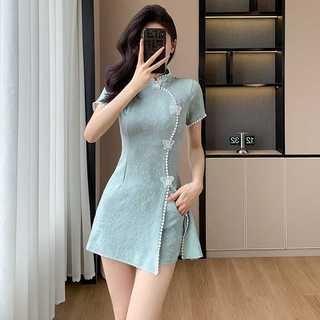 Bộ hai mảnh váy và quần short cheongsam cải tiến phong cách Trung Quốc mới, chất liệu jacquard mùa hè.