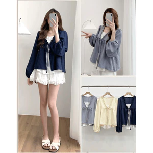 Áo Babydoll Phối Viền Bèo 2 Lớp Thắt Nơ A312344Thời Trang Nữ