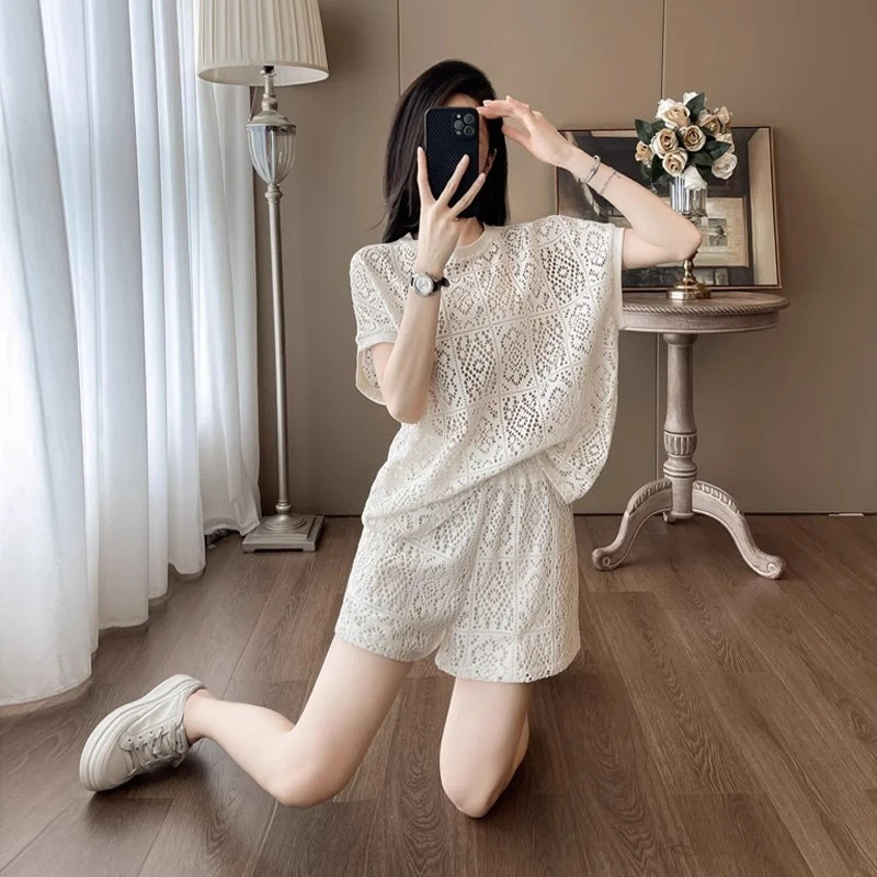 Bộ đồ ngủ ren thanh lịch kiểu Pháp dành cho nữ, bộ đồ ngủ hai mảnh tay ngắn mùa hè