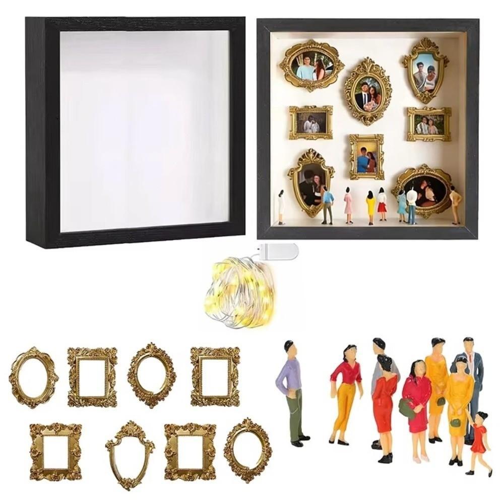 Bộ trưng bày bộ nhớ YMIFI, Bảo quản bộ nhớ Dây đèn LED DIY Mini Bảo tàng Hộp bóng, Khung vàng sáng tạo Các bức tượng nhỏ Khung ảnh Quà tặng đám cưới