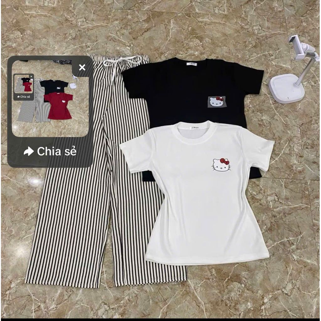 Sét bộ  quần suông đũi xốp kẻ vằn+ phối áo Phông CROPTOP kiti in nguuc tăm ngắn