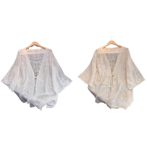 ONE Nhẹ Thoáng Khí Ren 3 4 Tay Dây Buộc Trước Thêu Áo Cardigan