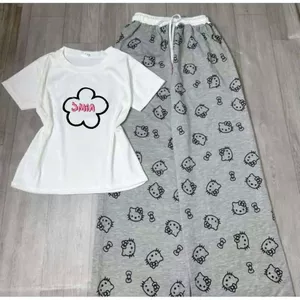sét Bộ nữ quần họa tiết mèo kiti + áo phông CROPTOP tăm lạnh hình bông hoa SMIA-THOITRANGTHUBIO