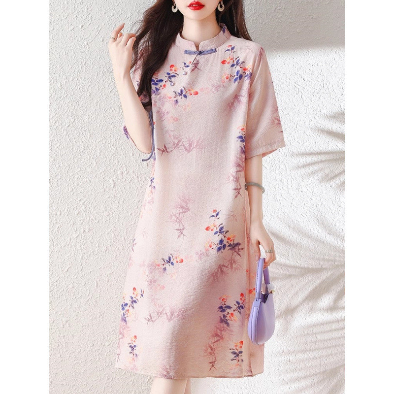 Váy dáng chữ A cổ đứng in họa tiết cổ điển mùa hè phong cách Trung Quốc, váy dài thanh lịch dành cho nữ