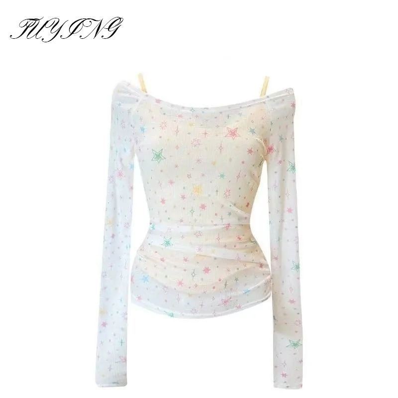 Mỹ ngọt ngào camisole tay dài hình ngôi sao, thiết kế mỏng ôm body, trendy mùa hè QQEY