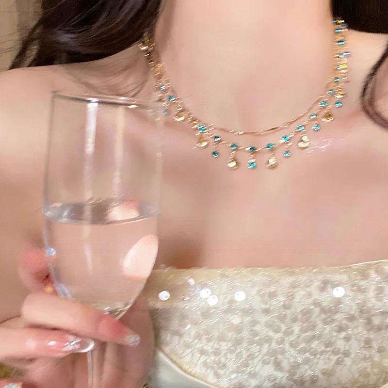 Vòng cổ đá aquamarine và zircon tua rua, thiết kế cổ điển cao cấp, phù hợp cho nữ