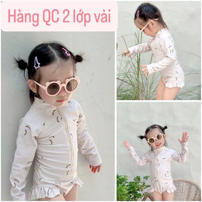 [Hàng QC] Bikini liền thân dài tay bé gái họa tiết chuối, đồ bơi một mảnh kéo khóa cho bé chất liệu 2 lớp vải hè 2026