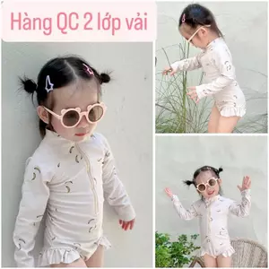 Bikini liền thân dài tay bé gái họa tiết chuối, đồ bơi một mảnh kéo khóa cho bé chất liệu 2 lớp vải hè 2026