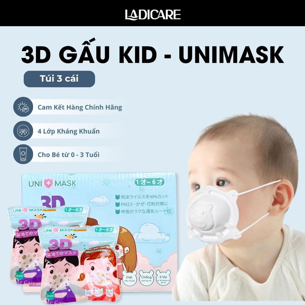 [Túi 3 Cái] Khẩu trang gấu Uni Mask cho bé sơ sinh 0 đến 3 tuổi công nghệ Nhật Bản hàng chính hãng