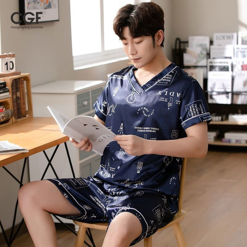 Bộ Đồ Ngủ Nam Mùa Hè Băng Lụa Mỏng Tay Ngắn Hai Mảnh Phù Hợp Với Phong Cách Hàn Quốc Rời Kích Thước Lớn