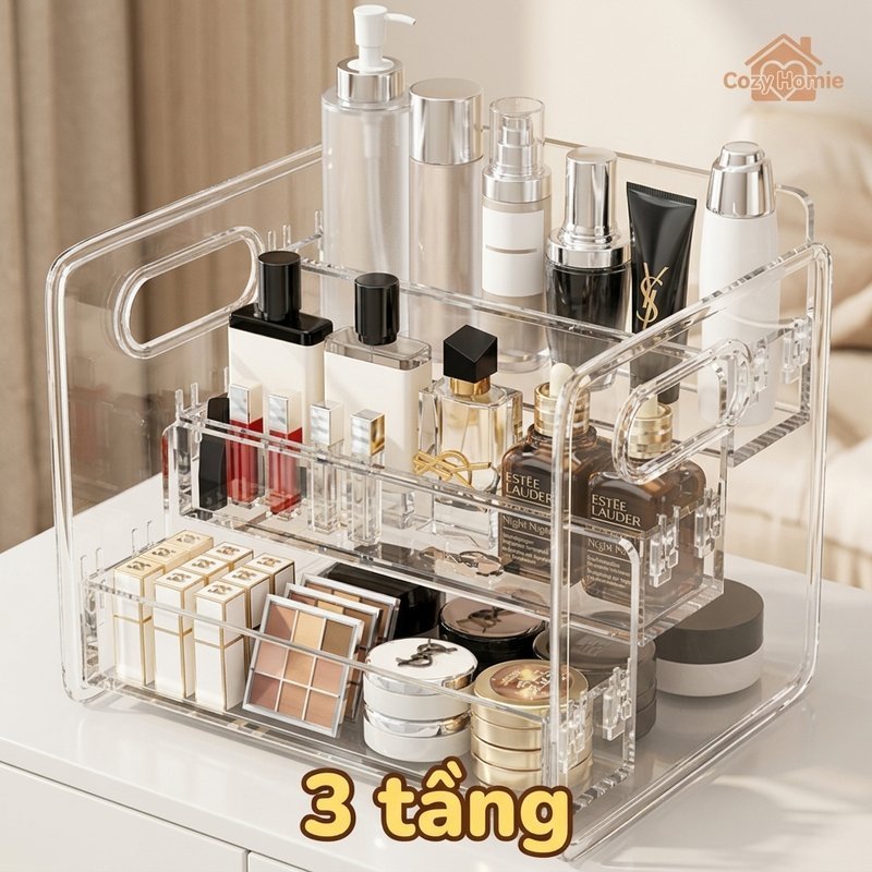 Hộp đựng mỹ phẩm 3 tầng PET trong suốt cấu trúc thang tiện lợi đựng nước hoa đồ nhỏ bàn làm việc