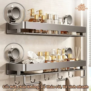 Kệ nhà tắm hút chân không thép carbon chống gỉ không khoan chịu lực tốt dễ tháo lắp màu xám