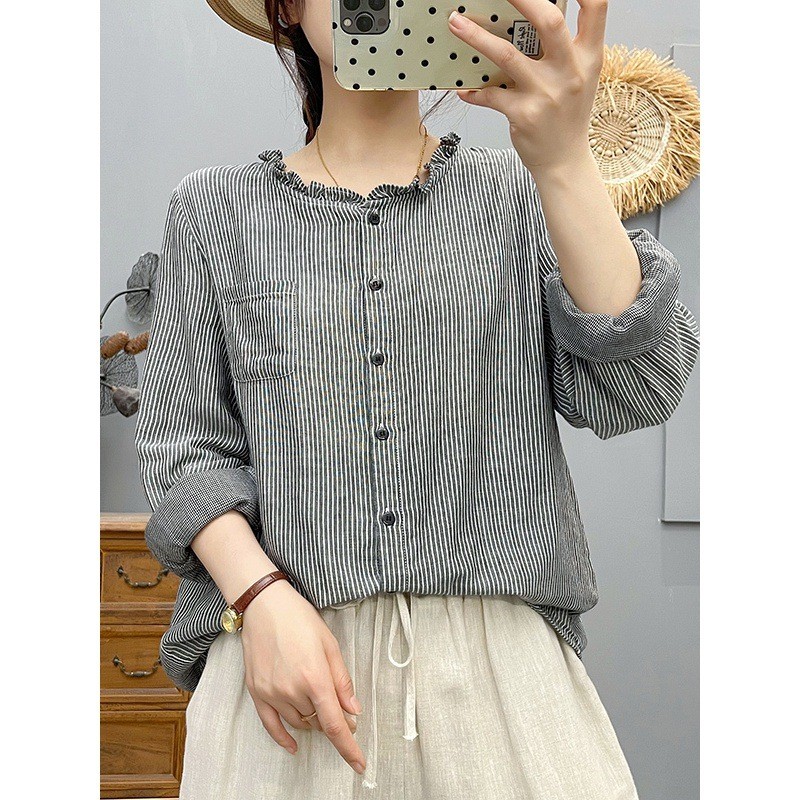 Áo sơ mi nữ cotton kẻ caro, dáng rộng cổ tim, thoải mái cho mùa xuân