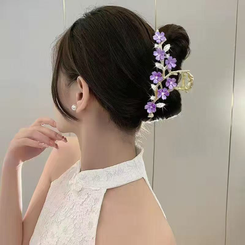 Kẹp tóc hoa hồng nhung lá sen lớn, tua rua, phụ kiện cho nữ