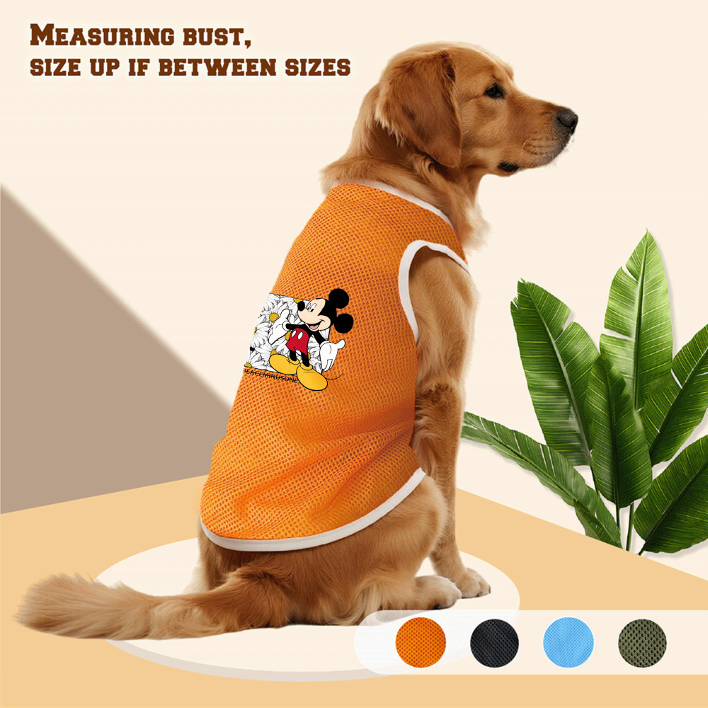 Áo vest lưới cho chó cỡ lớn, kích thước 3XL-6XL, phong cách chui đầu, thiết kế in hình chuột Mickey và Stitch, có sẵn 4 màu, thích hợp để sử dụng trong nhà và ngoài trời, và phù hợp với tất cả các giống chó lớn.