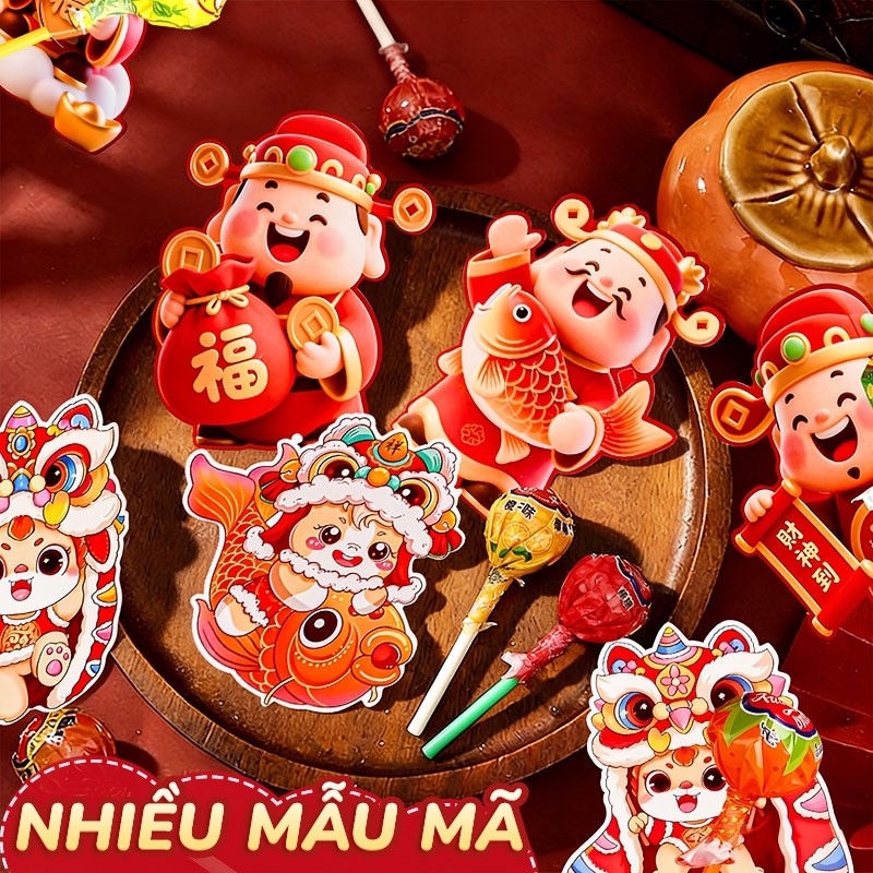 Thẻ gắn kẹo năm mới 2026 - Set 60 cái cắm kẹo mút hình Thần Tài vui nhộn, thiết kế xinh xắn, phụ kiện trang trí Tết