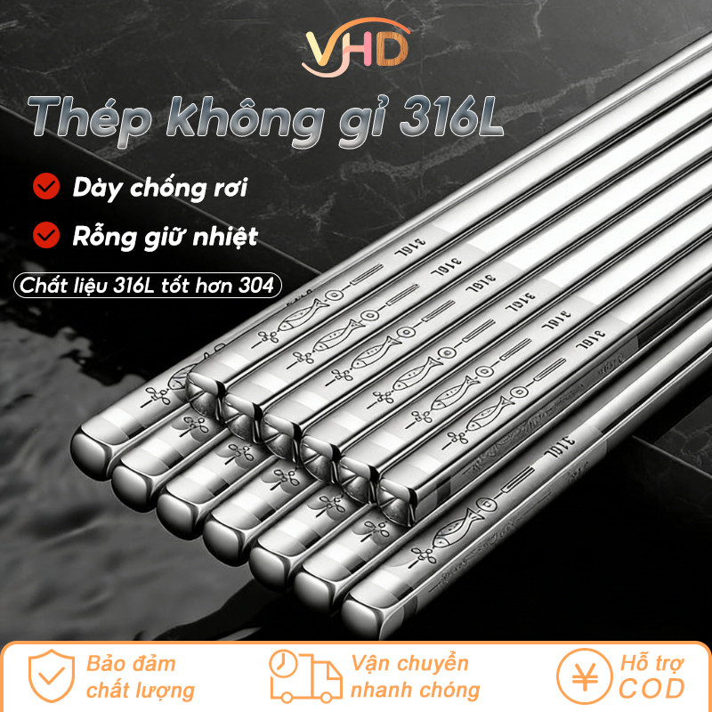Set 10 Đôi Đũa Inox 316 Cao Cấp - Chống Trơn Trượt An Toàn, Chống Mốc, Bền Đẹp, Quà Tặng Lý Tưởng Tân Gia & Ngày Lễ