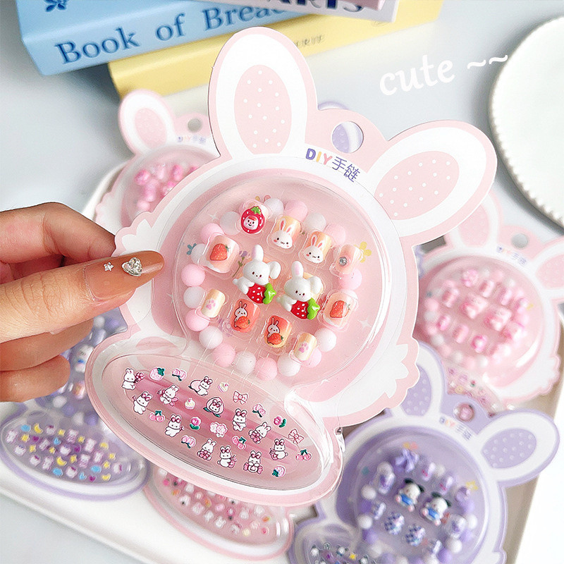 Miếng dán móng tay trẻ em hình thỏ hoạt hình, màu macaron, nổi 3D, dễ thương