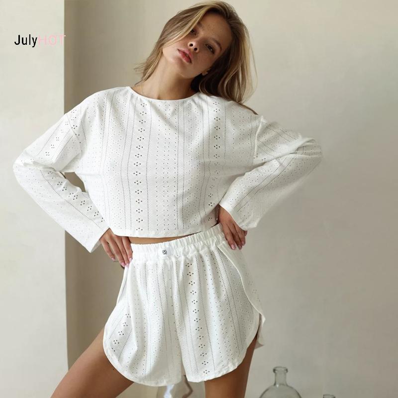 Bộ đồ ngủ rỗng JULYHOT dành cho nữ Bộ đồ ngủ dài tay dáng rộng Top Chia lưng thun Quần ngắn Bộ đồ lót