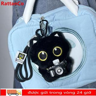 Mặt dây chuyền túi búp bê RATTANCO, Túi đeo vai Camera Mèo đen Móc khóa búp bê sang trọng, Khăn quàng cổ dễ thương Vòng chìa khóa xe Quà tặng
