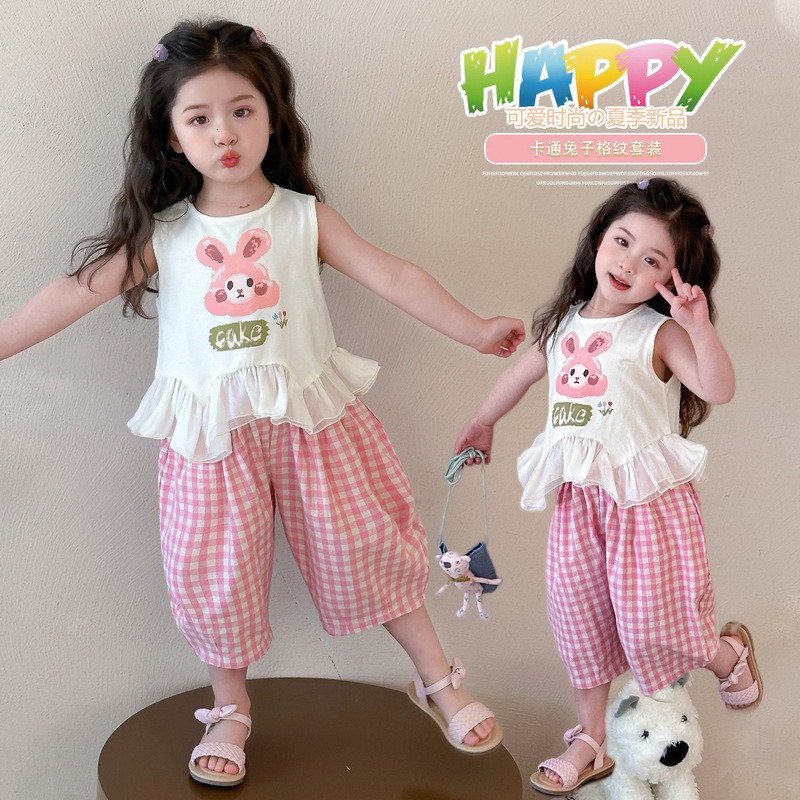 Bé Gái Hai Mảnh Thỏ Kiểm Tra Quần Chắp Vá Áo 80-150 Size NAK5