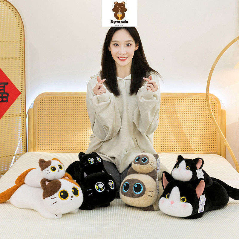 Rytanda Mô Phỏng Mèo Đen Sang Trọng Đồ Chơi Ba Hoa Mèo Ngôi Sao Luo Flat Cat Plushie Búp Bê Động Vật Mềm Mại Làm Dịu Gối Ngủ Trẻ Em Giáng Sinh Năm Mới Sinh Nhật Quà Tặng Trẻ Em