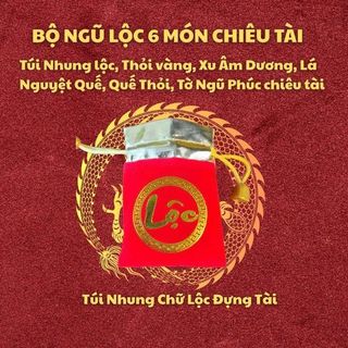 Bộ Ngũ Lộc Chiêu Tài 6 Món – Túi Nhung, Xu, Vàng Thỏi, Tờ Ngũ Phúc, Vỏ Thanh Quế, Chỉ Đỏ Đã Khai Quang