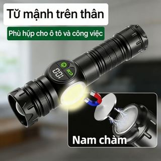 “Đèn Pin LED Zoom | Hiển Thị Dung Lượng Pin, Magne, Đèn Sườn, Nhiều Chế Độ Ánh Sáng, Phù Hợp Cho Dã Ngoại, Du Lịch”