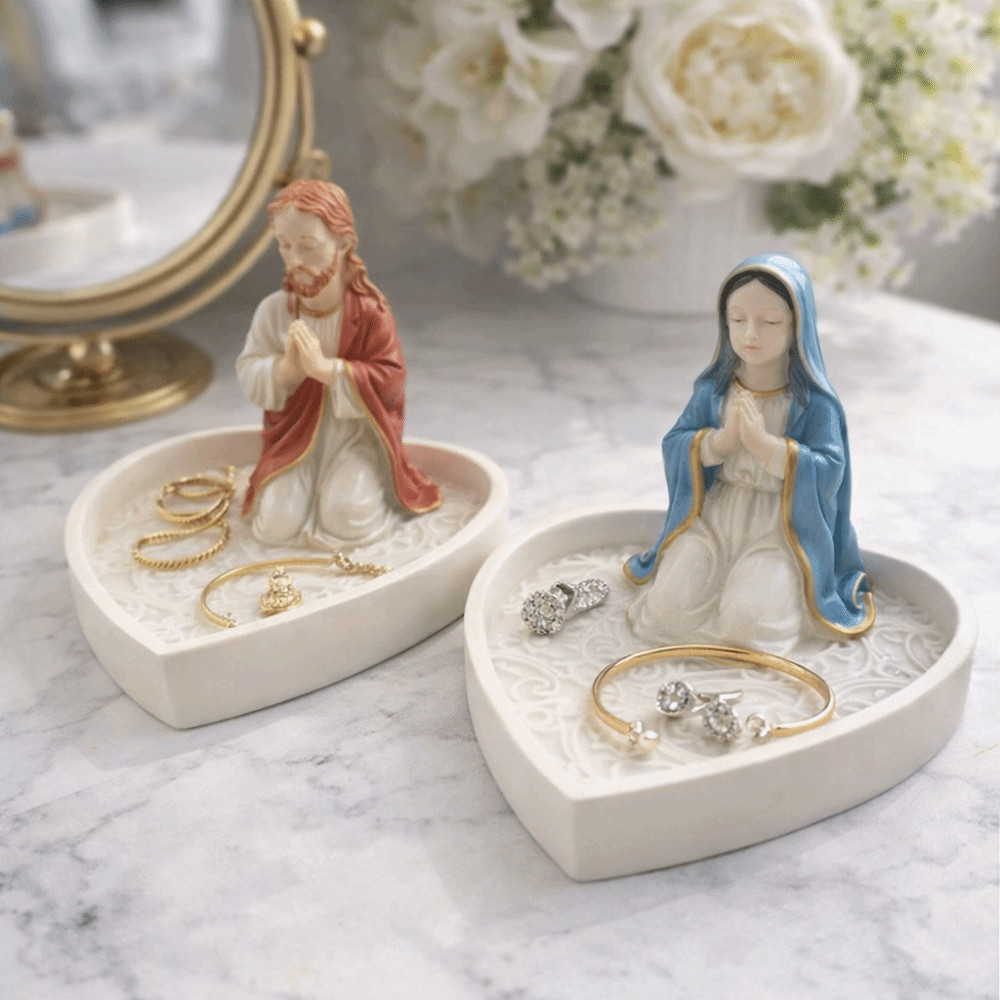 DELMER Virgin Mary Đế trang sức, Nhựa quyến rũ vượt thời gian Đức Trinh Nữ Maria Mân Côi Giá đỡ, Đồ trang trí để bàn Trang trí Khay lưu trữ thanh lịch Phòng ngủ