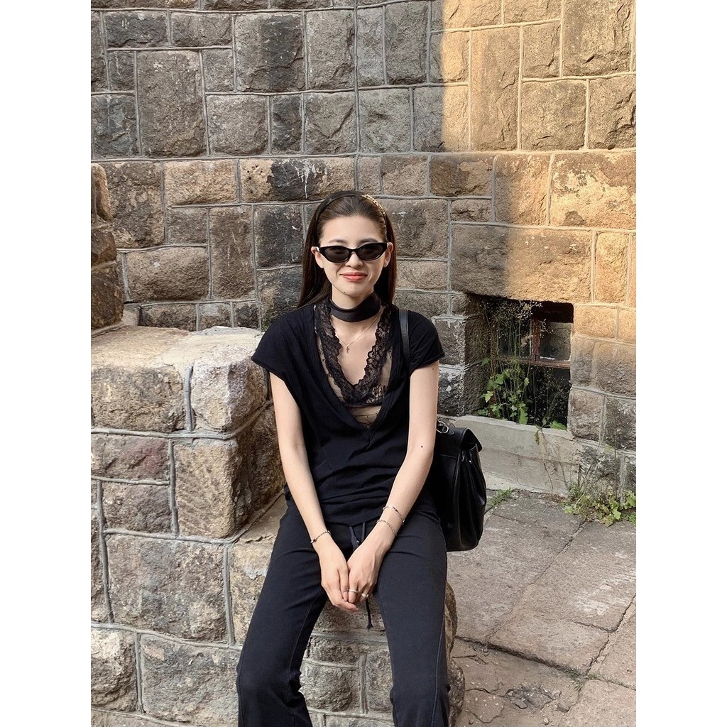 Milyfashion Gợi Cảm Nguyên Chất Desire Phong Cách Trắng Cổ Chữ v Ren Áo Vest Nữ Mùa Hè Không Tay Nhìn Xuyên Qua Top Lớp